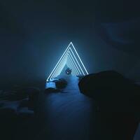 triângulo néon brilhando futurista fundo azul linha dentro esvaziar Sombrio espaço . foto