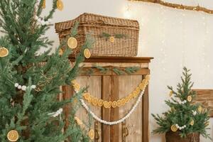 acolhedor interior decorado para Natal dentro escandinavo estilo. viver abeto árvores decorado com natural enfeites fez do seco laranjas foto