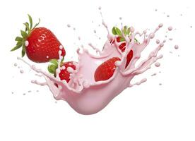 leite ou iogurte respingo com morangos isolado em branco fundo, 3d Renderização. ai gerado foto