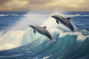 brincalhão golfinhos pulando sobre quebra ondas. Havaí pacífico oceano animais selvagens cenário. generativo ai foto