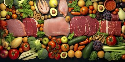 diferente tipos do carnes, vegetais, e frutas deitar dentro supermercados. generativo ai foto