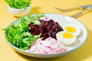 uma dietético prato fez a partir de legumes. beterraba tártaro, rabanete, friso salada e fervido ovo em uma prato em uma amarelo fundo. Difícil luz foto