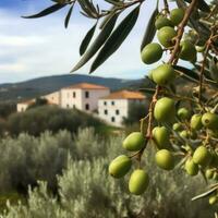 Oliva ramo dentro uma rural panorama com Mediterrâneo casas dentro a fundo foto