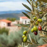 Oliva ramo dentro uma rural panorama com Mediterrâneo casas dentro a fundo foto