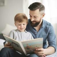 pai e filho estão lendo uma livro e sorridente enquanto gastos Tempo juntos às casa foto