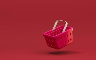 esvaziar compras cesta com vermelho fundo, 3d Renderização. foto
