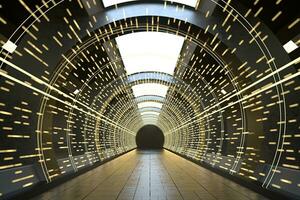 Sombrio volta túnel com brilhando néon luzes, 3d Renderização. foto