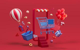 uma Móvel telefone e compras cesta, conectados compras, 3d Renderização. foto