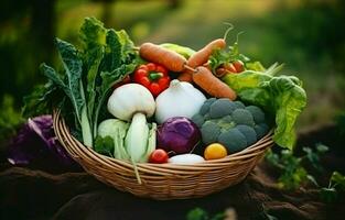 uma agricultor detém uma cesta do legumes Incluindo repolho, cenouras, pepinos, rabanete e pimentas com natureza dentro a fundo. a conceito é sobre biológico, orgânico produtos, ecologia. foto