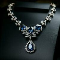 diamantes com a Sombrio azul safira colar em uma Preto fundo. foto