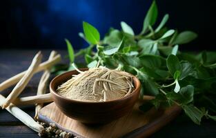 ashwagandha, Além disso conhecido Como Withania somnifera, é uma medicinal erva com seco raízes e fresco folhas. Está Além disso chamado indiano ginseng, Poção groselha, ou inverno cereja. foto