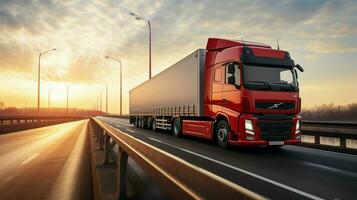 uma carga caminhão com uma recipiente é visto dirigindo através uma ponte, enquanto uma semi-caminhão com uma carga reboque segue de perto atrás. foto
