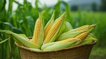 orelhas do maduro milho dentro uma cesta em uma fundo do verde grama. fechar-se tomada. conceito do agricultura e Produção do natural eco-produtos. foto