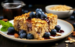 cozido aveia torta com amoras, amendoim manteiga, e cru querida servido em uma branco placa. isto caseiro, saudável, vegetariano sobremesa é perfeito para Essa assistindo seus dieta. foto