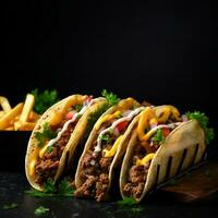 carne saboroso tacos servido com dourado francês fritas Preto fundo. foto