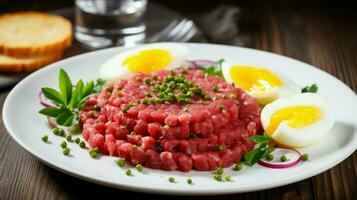 saboroso bife tartare cru carne - clássico bife tartare em branco prato impressionante fundo. foto