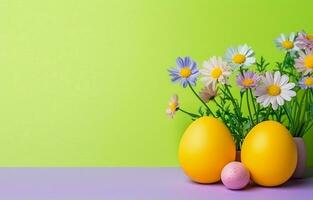 colorida Páscoa ovos com flores e verde grama. Páscoa ovos desaparecer em uma luz amarelo fundo. foto