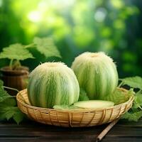 verde coroa almíscar Melão em borrado vegetação fundo, Cantalupo coroa Melão fruta dentro bambu esteira em de madeira mesa dentro jardim generativo ai foto