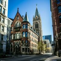 para trás revelar trindade Igreja e administrativo ou escritório edifícios dentro a cidade Centro. foto