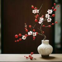 ume é uma japonês ameixa e a vermelho e branco Flor é uma congratulatório flor dentro Japão. foto
