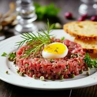 saboroso bife tartare cru carne - clássico bife tartare em branco prato impressionante fundo. foto