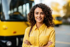 confiante motorista mulher em pé contra escola ônibus foto