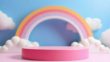 3d Renderização pódio criança estilo, colorida fundo, nuvens e clima com esvaziar espaço para crianças ou bebê produtos. brilhante cores. foto