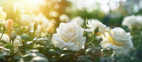 branco rosa flor dentro a jardim e luz solar com bokeh, generativo ai foto