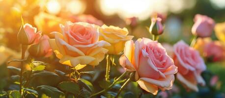 Rosa e amarelo rosa flor dentro a jardim e luz solar com bokeh, generativo ai foto