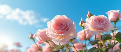 Rosa rosa flor dentro a jardim em azul céu luz solar com bokeh, generativo ai foto