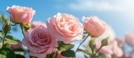 Rosa rosa flor dentro a jardim em azul céu luz solar com bokeh, generativo ai foto