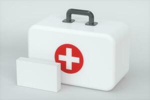 médico kit e emergência médico equipamento com branco plano de fundo,3d Renderização. foto