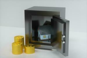 a pequeno casa modelo ao lado a dourado moedas, 3d Renderização. foto