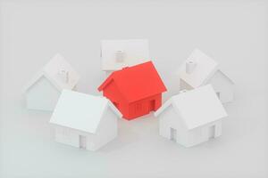 uma pequeno vermelho casa modelo cercado de a branco casas, 3d Renderização. foto