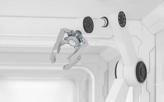robótico braços dentro a branco futurista sala, 3d Renderização. foto