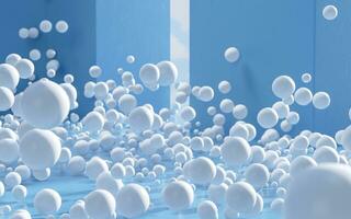 grande quantidade do branco bolas dentro uma azul sala, 3d Renderização. foto