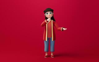 uma chinês menina com vermelho fundo, desenho animado personagem, 3d Renderização. foto