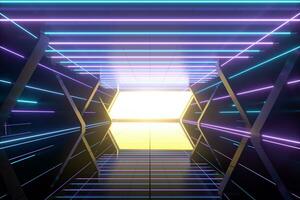 Sombrio nave espacial túnel com brilhando linhas, 3d Renderização. foto