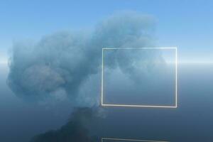 Sombrio nuvens e geométrico figura com azul fundo, 3d Renderização. foto