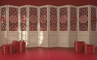 chinês estilo esvaziar quarto e tela, 3d Renderização. foto