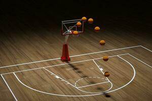 basquetebol quadra com de madeira chão, 3d Renderização. foto