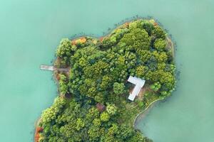 olhando baixa para a ilha dentro a lago. foto