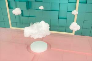 desenho animado nuvens e desenho animado cubos, geometria quarto,3d Renderização. foto
