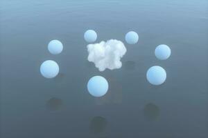 bolas e nuvens flutuando em a lago, tranquilo cena,3d Renderização. foto