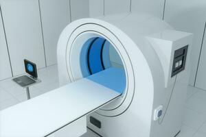 a médico equipamento ct máquina dentro a branco esvaziar sala, 3d Renderização. foto