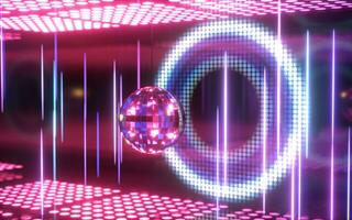 brilhante discoteca bola com néon luz fundo, 3d Renderização. foto