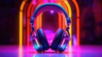 fones de ouvido em colorida fundo com bokeh luzes foto