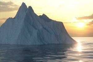 oceano e brilho do sol chegando a partir de a lado do iceberg, 3d Renderização. foto