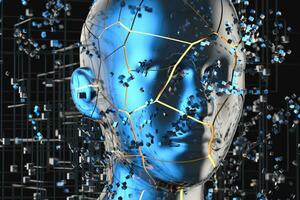azul metal humano cabeça com partículas, 3d Renderização. foto