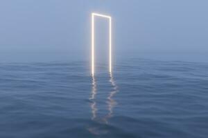 brilhando quadro, Armação flutuando em a lago e refletindo dentro a água, 3d Renderização. foto